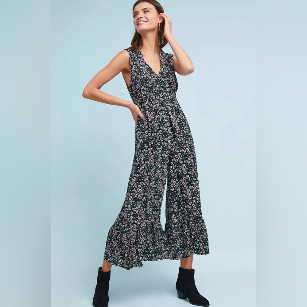 EUC Anthropologie Maeve Ansonia Ruffled Wide Leg Floral Jumpsuit, Size 2